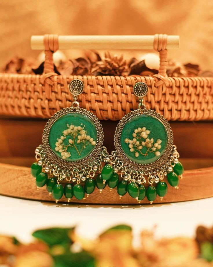 Green Golden Glittered resin Earring