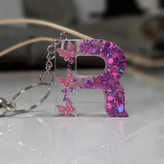 Pink Color Butterfly Glittered Alphabet Keyring