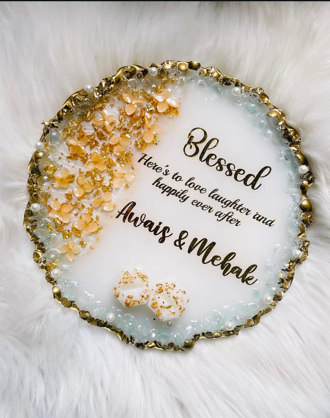 Customized Text Golden Glittered Ring Platter