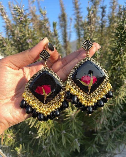 Black Pigmented Rose Preserved Resin Earring